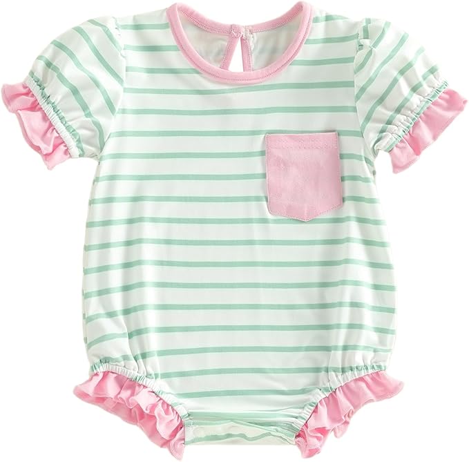 Twopumpkin Baby Girl Striped Bubble Romper Newborn Toddler Short Sleeve Ruffle Cotton Onesie Cute Summer Outfit Clothes