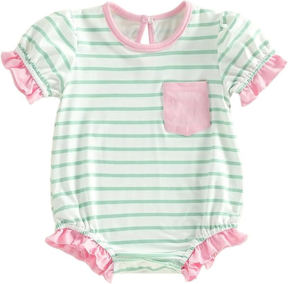 Twopumpkin Baby Girl Striped Bubble Romper Newborn Toddler Short Sleeve Ruffle Cotton Onesie Cute Summer Outfit Clothes