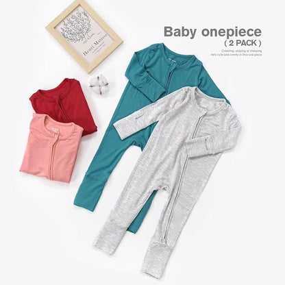Teach Leanbh Unisex Baby 2 Pack Bamboo Viscose Pajamas with Mittens and Feet Cuffs 2 Way Zipper Long Sleeve Romper