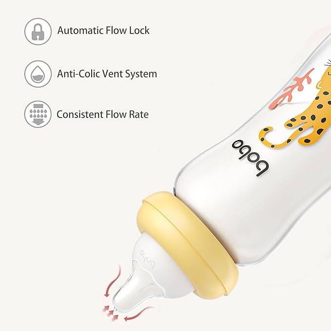 YOHKOH Natural Glass Baby Bottle with Level 2 Medium Flow Nipple, Newborn Anti-Colic Baby Bottles, Wide Neck Mushroom Baby Glass Bottle (8.8ounce (Pack of 2), Yellow2)