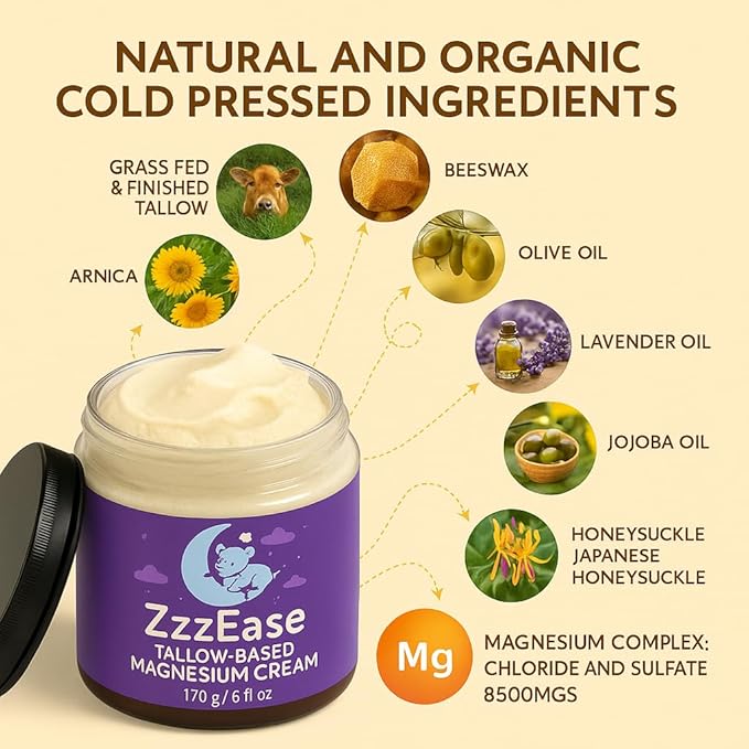 Magnesium Lotion for Kids | Tallow-Based Magnesium Lotion for Sleep | Lavender Scented | No Melatonin Sleep Aid | Arnica Cream, Eczema Cream for Kids | Organic, Made in the USA, 3 Month Supply