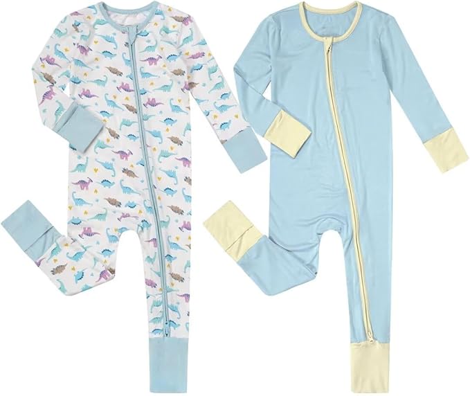 Teach Leanbh Unisex Baby 2 Pack Bamboo Viscose Pajamas with Mittens and Feet Cuffs 2 Way Zipper Long Sleeve Romper