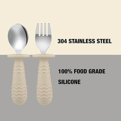 PandaEar 2 Pack Stainless Steel Baby Suction Plates & 2 Pack Spoons and Forks Set, Toddler Utensils Baby Feeding Set, Divided Plates for Baby Led Weaning Supplies, BPA-Free (Tan/Walnut)