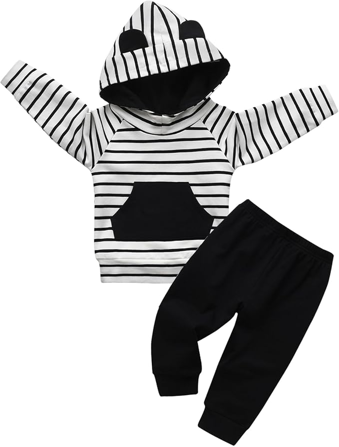 Toddler Infant Baby Boy Clothes Striped Long Sleeve Hoodie Tops Sweatsuit Pants Outfit Set