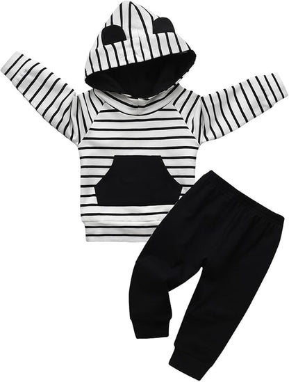 Toddler Infant Baby Boy Clothes Striped Long Sleeve Hoodie Tops Sweatsuit Pants Outfit Set