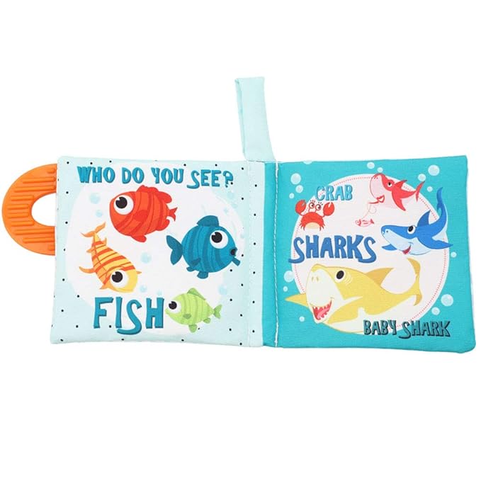 Baby Book Toy, Soft Cloth Crinkle Books for Babies with Teether, Infant Toys 0-3-6-12-18 Months, Shower Baby Gifts, Teething Toy for Boys Girls- Fish, Shark-1PC Book