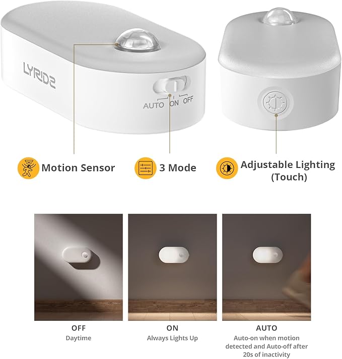 Lyridz Rechargeable Motion Sensor Night Light, Cool White LED Stick-on Closet Light with Dusk to Dawn Sensor, 1-20LM Stepless Adjustable Brightness for Bedroom, Wall, Kitchen, Stairs, Hallway, 2-Pack