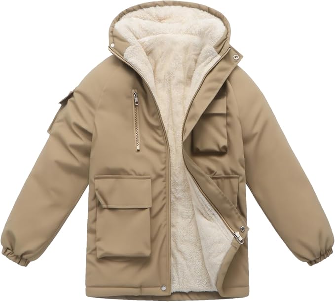 Winter Kids Boys Snow Coats Black Puffer Jacket Hooded Clothes Fleece-Lined Wear