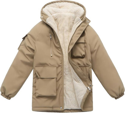 Winter Kids Boys Snow Coats Black Puffer Jacket Hooded Clothes Fleece-Lined Wear