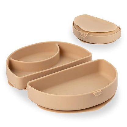 Miniware Baby Travel Plate with Suction - Foldable Silicone Baby Travel Essential to Promote Self-Feeding - Dishwasher Safe, BPA Free, Silicone Baby Plate for On The Go - Almond Butter Silifold