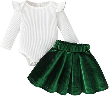 Baby Girls Christmas Outfit Long Sleeve Ruffled Romper+Green Red Velvet Tutu Skirt+Headband Xmas Dress