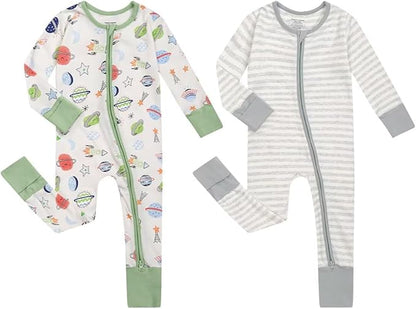 Teach Leanbh Unisex Baby 2 Pack Cotton Pajamas with Mittens and Feet Cuffs 2 Way Zipper Long Sleeve Romper Sleep and Play