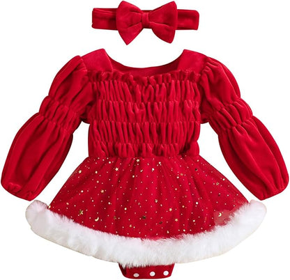 Hnyenmcko Newborn Baby Girl Christmas Clothes Infant Red Plaid Romper Dress Ruffle Long Sleeve Ribbed Bodysuit Headband Set