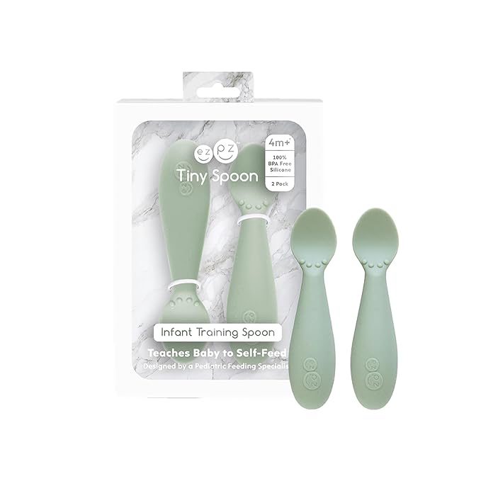 ezpz Tiny Spoon (2 Pack in Sage) - 6 Months+ - 100% Silicone Spoon for Baby Led Weaning + Purees - Designed by a Pediatric Feeding Specialist - Shower Essentials & Gifts