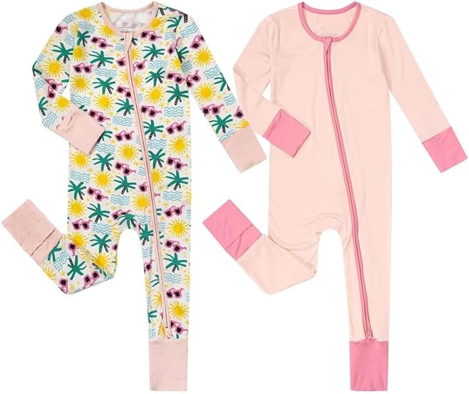 Teach Leanbh Unisex Baby 2 Pack Bamboo Viscose Pajamas with Mittens and Feet Cuffs 2 Way Zipper Long Sleeve Romper