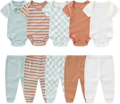 Kiddiezoom Newborn Baby Layette Set 10-Piece with Bodysuits and Pants Set for Unisex Baby Gift Sets
