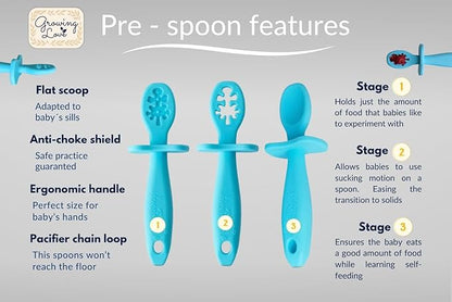 Growing Love Baby Spoons Set, Self Feeding 6 months, Pre-Spoon, Toddler spoon, Baby utensils, training spoon, cuchara bebe, blw, 100% silicone, Anti choke shield