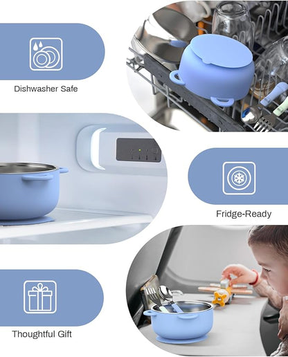 Toddler Feeding Suction Bowls and Utensils Set, 2-in-1 Stainless Steel 304 Kids Bowl & Silicone Suction Baby Bowl with Spoons and Forks, First Self-feeding Training Set, Ocean Explorer