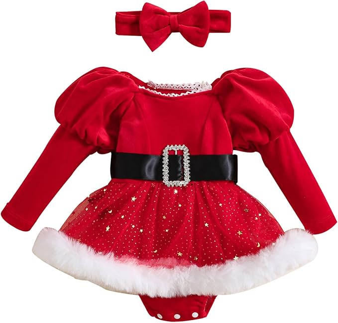 Hnyenmcko Newborn Baby Girl Christmas Clothes Infant Red Plaid Romper Dress Ruffle Long Sleeve Ribbed Bodysuit Headband Set