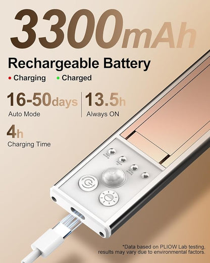 Under Cabinet Lighting, LED Motion Sensor Light Indoor with 3 Color Dimmable, 3300mAh Battery Operated Closet Lights Rechargeable Lamp, Magnetic Under Counter Night Lights Used in Cabinet (12 inches)