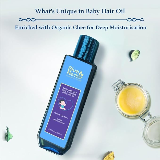 Blue Nectar Gentle Baby Oil for Newborn Skin Care-Moisturizing Baby Massage Oil (3.38 Fl Oz) Paired with Baby Hair Oil with Organic Ghee, Almond Oil, Coconut Oil (6.76Fl Oz)