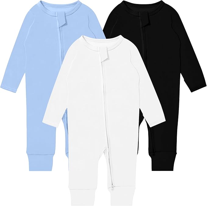 GUISBY Long Sleeve Cotton Pajamas Footless Baby Bodysuits with Zipper and Mittens 3-Pack for Boys Girls