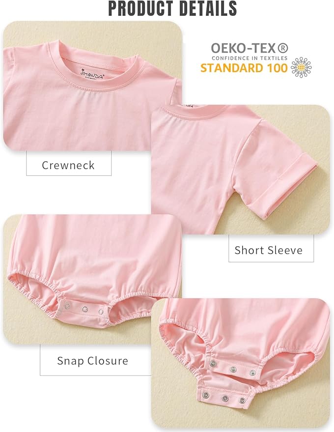 Jimonda Baby Boy Girl Bubble Romper Solid Color Bodysuit Short Sleeve Organic Cotton T-Shirt
