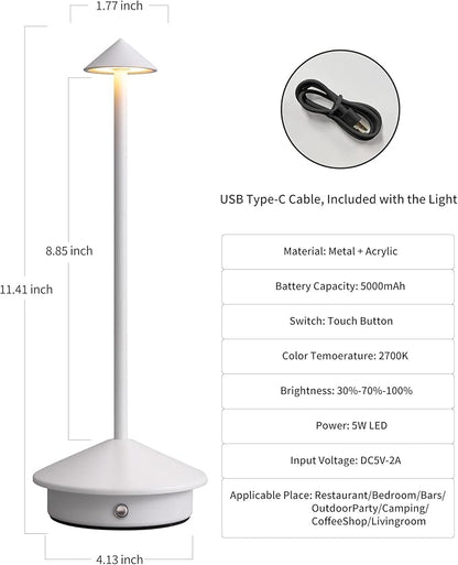 Modern Cordless Table Lamp Set of 2, Portable LED Desk Lamps, 5000mAh Rechargeable Battery Operated Lighting for Bedroom Dining Room Restaurant Coffee Shop Camping Night Light (White)