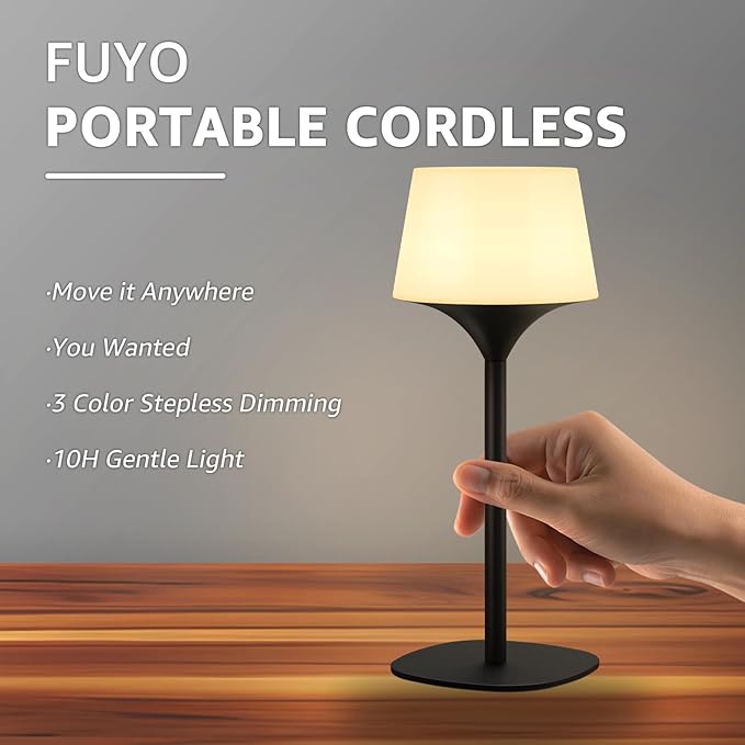 FUYO Cordless Table Lamp, Portable LED Desk Lamp, 3 Color Stepless Dimmable Rechargeable LED Table Lamp for Restaurant/Bedroom/Bars/Outdoor Party/Camping/Coffee Shop