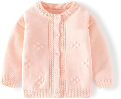 Toddler Baby Girls Cotton Knit Jacquard Sweater Cardigan, Crew Neck Spring Coat Sweater Long Sleeve Clothes Warm Tops