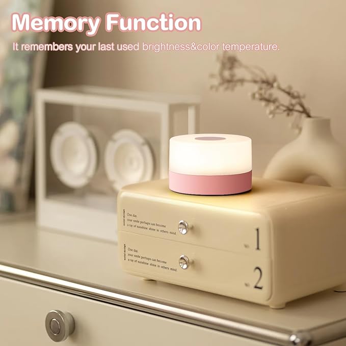 JUSHENG Night Light for Baby Nursery, Rechargeable LED Touch Light with 3CCT & Stepless Dimming Function, Portable Bedside Lamp Tap Lights Battery Powered for Breastfeeding, Kids, Nightstand-Pink