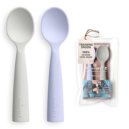 Miniware Silicone Baby Spoon for Training - BPA Free Baby Utensils - Baby Spoons Self Feeding 6 Months | 100% Food Grade Silicone - Modern & Dishwasher Safe Toddler Spoons (Grey and Lavender)
