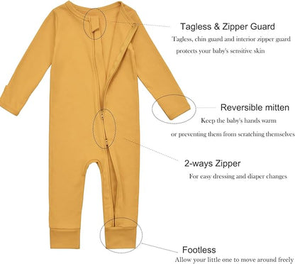 Aablexema Baby Cotton Fooltess Pajamas with Mitten, 3-pack Infant Romper Zip Up One Piece Jumpsuits Outfit