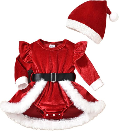 Newborn Christmas Outfit Baby Girl Plaid Romper Dress Infant Ruffle Long Sleeve Ribbed Bodysuit Headband Clothes