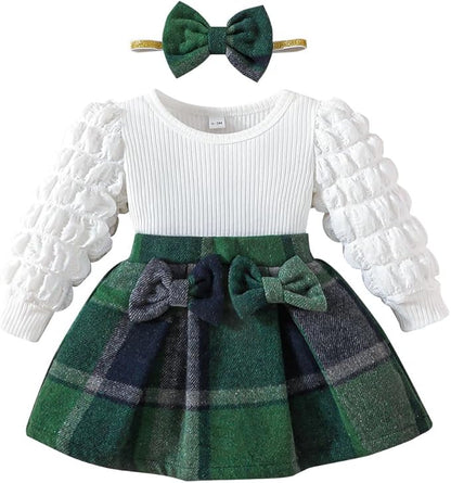 Toddler Baby Girl Plaid Dress Puff Sleeve Bow Patchwork Ribbed Shirts Dress Plaid Fall Winter Outfits with Headband