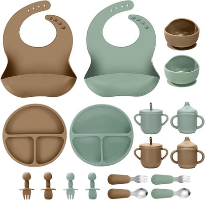 Silicone Baby Feeding Set, 18PCS Baby Led Weaning Supplies, Eating Essentials Utensils with Suction Plate and Bowl, Adjustable Silicone Bib, for 6+ Months (Green+Brown)