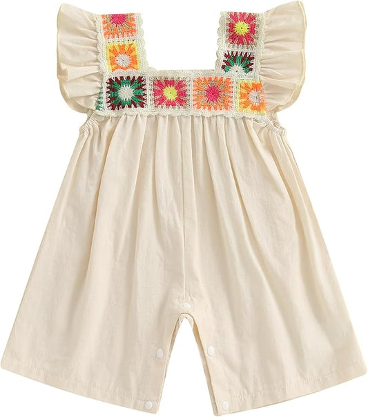 Baby Girl Romper Fall Clothes Ruffle Sleeveless Onesie Crochet Floral Bubble Romper Infant Bodysuit Boho Outfit