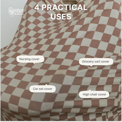 Parker Baby 4 in 1 Car Seat Cover for Girls and Boys - Stretchy Carseat Canopy, Nursing Cover, Grocery Cart Cover, High Chair Cover - "Rosewood Checker"