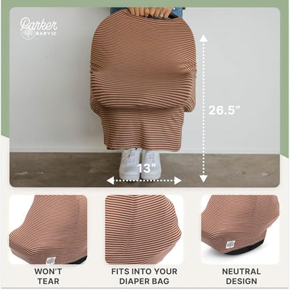 Parker Baby 4 in 1 Car Seat Cover for Girls and Boys - Stretchy Carseat Canopy, Nursing Cover, Grocery Cart Cover, High Chair Cover - “Clay/Alpaca Stripes”