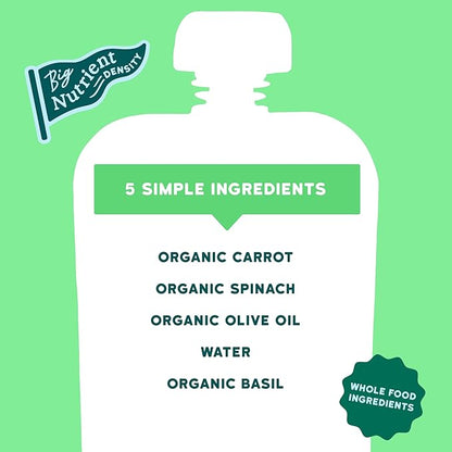 Serenity Kids 6+ Months Baby Food Pouches - Carrot Spinach & Basil USDA Organic - No Added Sugar Veggie Pouches Toddler Food - BPA-Free Puree & Toddler Meals - 3.5 Oz, 12 Pack