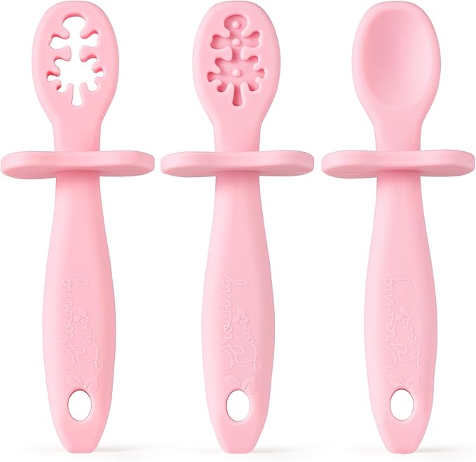Growing Love Baby Spoons Set, Self Feeding 6 months, Pre-Spoon, Baby utensils, Toddler spoon, training spoon, cuchara bebe, blw, 100% silicone, Anti choke shield (pink)