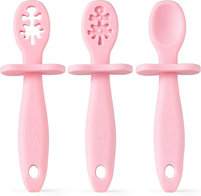 Growing Love Baby Spoons Set, Self Feeding 6 months, Pre-Spoon, Baby utensils, Toddler spoon, training spoon, cuchara bebe, blw, 100% silicone, Anti choke shield (pink)