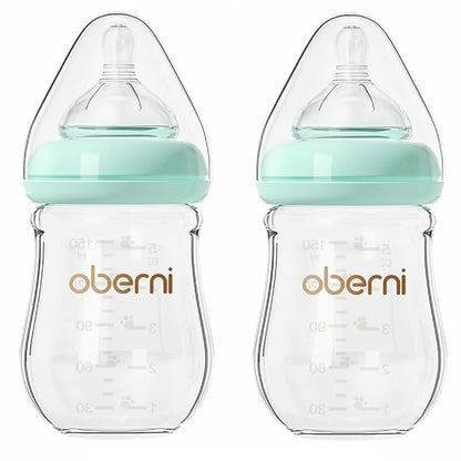 Glass Baby Bottles, Anti Colic Breastfeeding Bottle with Natural Response Nipple for Newborn Preemie 0+ Month, BPA Free, Wide Neck, Blue/2Pack/5oz