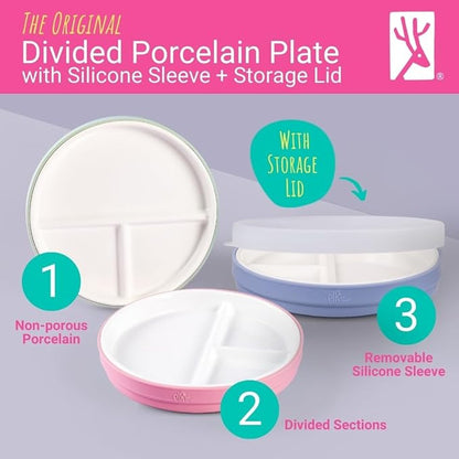 Elk and Friends Kids 7.8” Porcelain White Plates with Silicone Sleeves + Lids | Divided Plates | Suitable for Kids/Toddlers | Microwave & Dishwasher Safe | Non Slip | Snack Dishes…