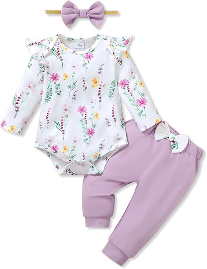 YALLET Baby Girl Clothes Newborn Infant Girl Outfits Floral Romper+Pants+Headband Fall Baby Layettes for Clothing 0-18 Months