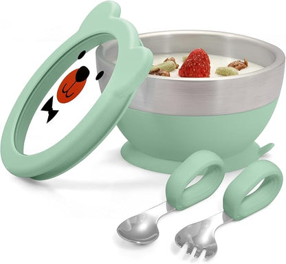 MR. CHOU Baby Suction Bowl Set with Spoon & Fork, Insulated Double-Layer 18/8 Stainless Steel Toddler Bowls with Silicone Suction Cup & BPA Free Airtight Lids, Green