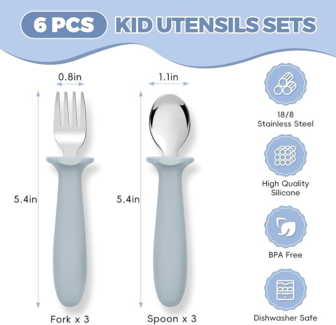 6 PCS Toddler Utensils Kids Silverware Set with Silicone Handle Children Food Grade 18/8 Stainless Steel Toddler Forks and Spoons Safe Anti-Choke Design Mirror Polished Sturdy Durable Dishwasher Safe