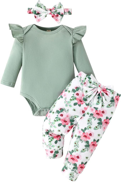 GDTOGRT Newborn Baby Girl Clothes Outfit Set Sweet Ruffle Romper, Pants and Headband 0 3 6 9 12 18 Months Infant Clothing