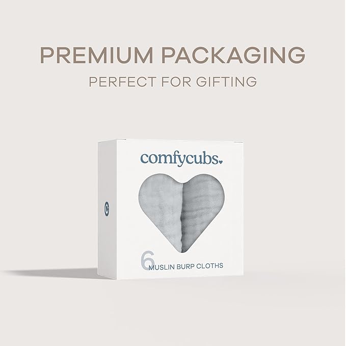 Comfy Cubs Muslin Burp Cloths 20" x 10", Pack of 6 - Large, 6-Layer, Ultra Absorbent 100% Cotton for Baby Drool and Messes - Soft, Safe & Gentle Baby Burp Cloths Set for Boys & Girls - Heather Blue