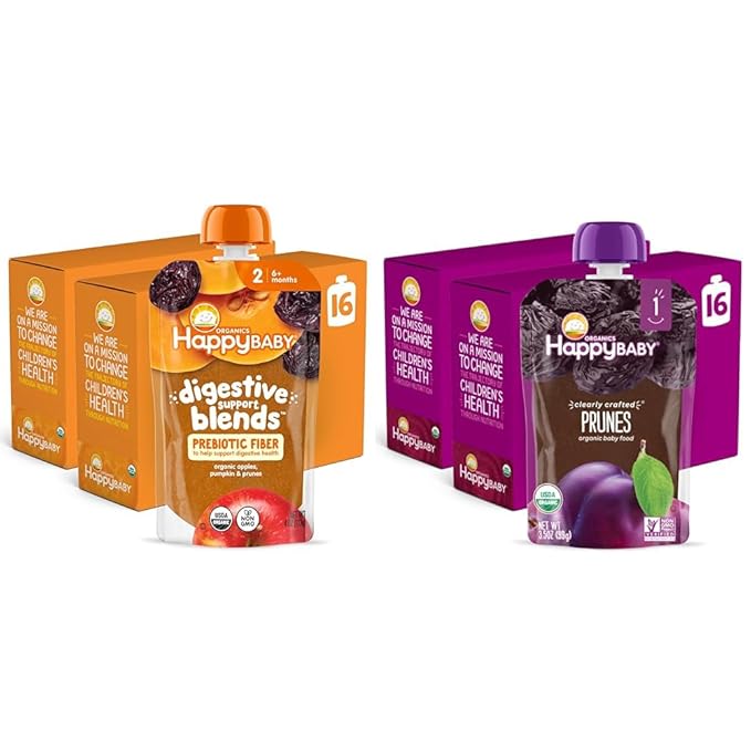 Happy Baby Digestive Support Blends, Stage 2 Baby Food with Prebiotic Fiber, Apple, Pumpkin & Prune 4oz (Pack of 16) + Happy Baby Organics Clearly Crafted Stage 1 Baby Food,Prunes, 3.5 Oz (Pack of 16)